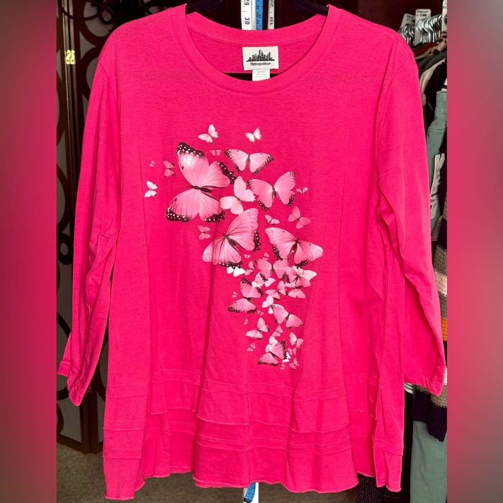 Pink Butterfly Graphic Top Boho Peplum Tunic Ruffle Hem Large Flowy Feminine